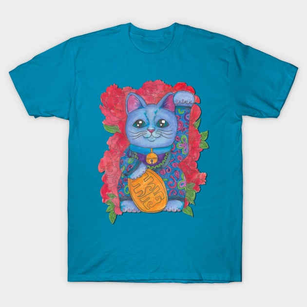 Lucky Cat Blue T-Shirt by JenStedman73